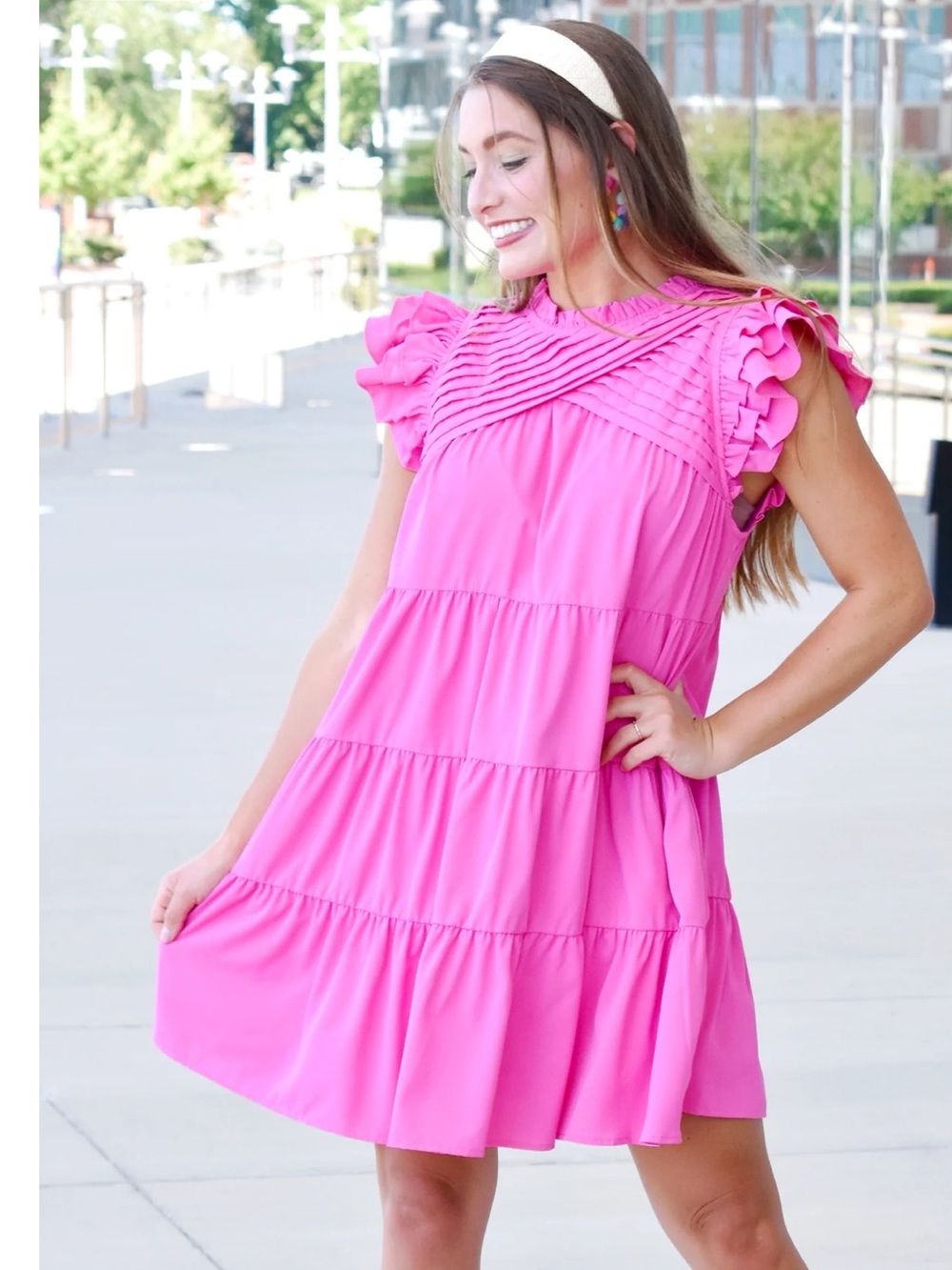 entro Hot Pink Ruffle Tiered Mini Dress